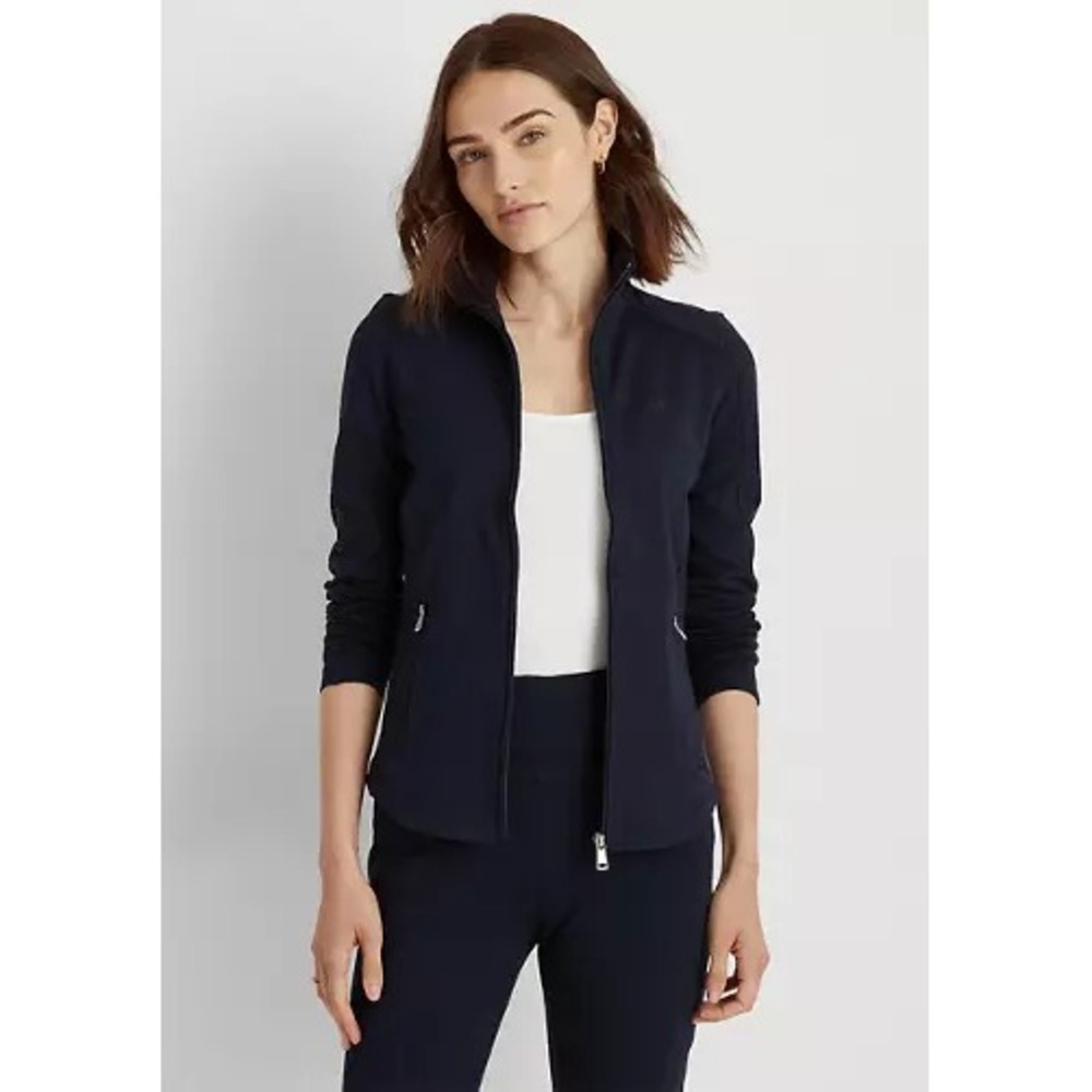 LAUREN RALPH LAUREN XL Full Zip Track Jacket Logo Sleeve Navy Stretch Athleisure